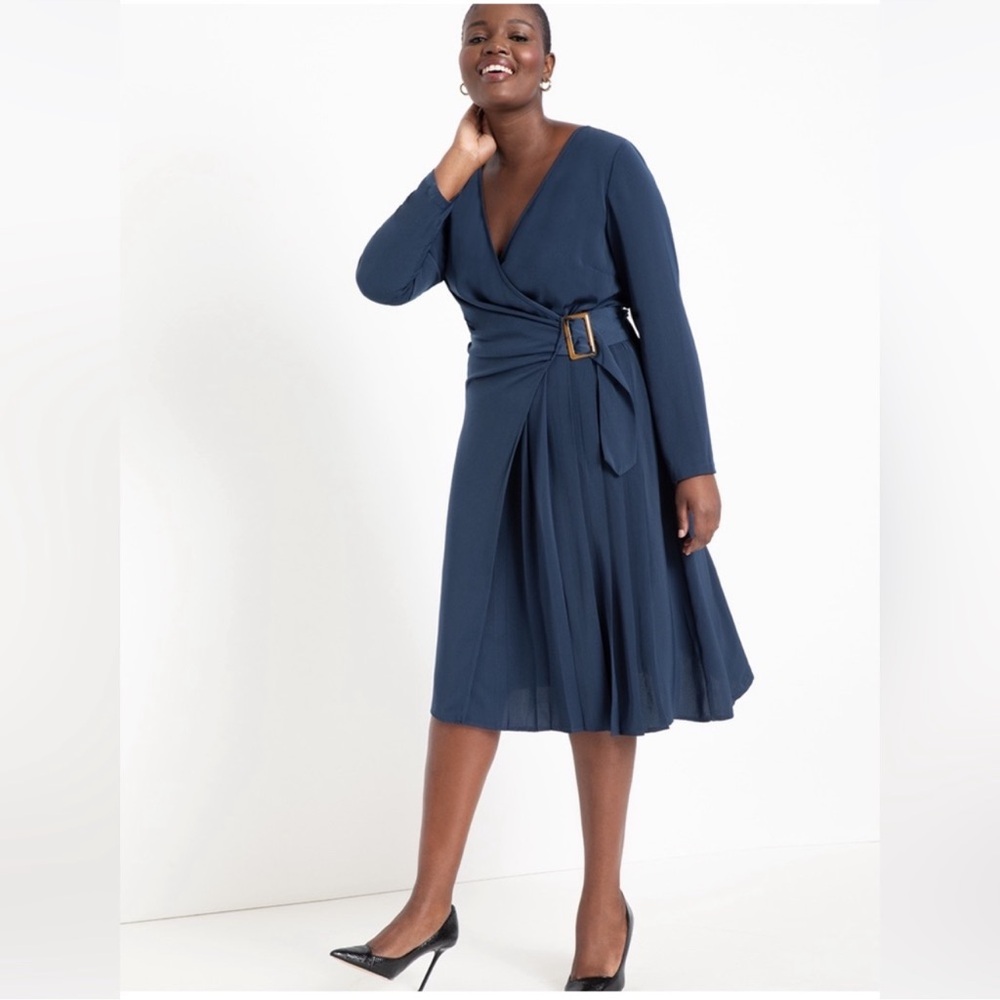 Eloquii Navy Wrap Midi Dress with Buckle Detail